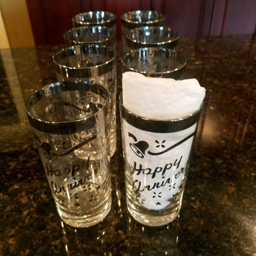 8 Vintage MCM Dorothy Thorpe Happy Anniversary Silver Rim Glasses - Mid-Century